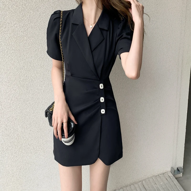 

COIGARSAM Women One Piece Korea Dress Summer 2022 New French Style Short Sleeve Solid Black Pink Dresses Dropshipping