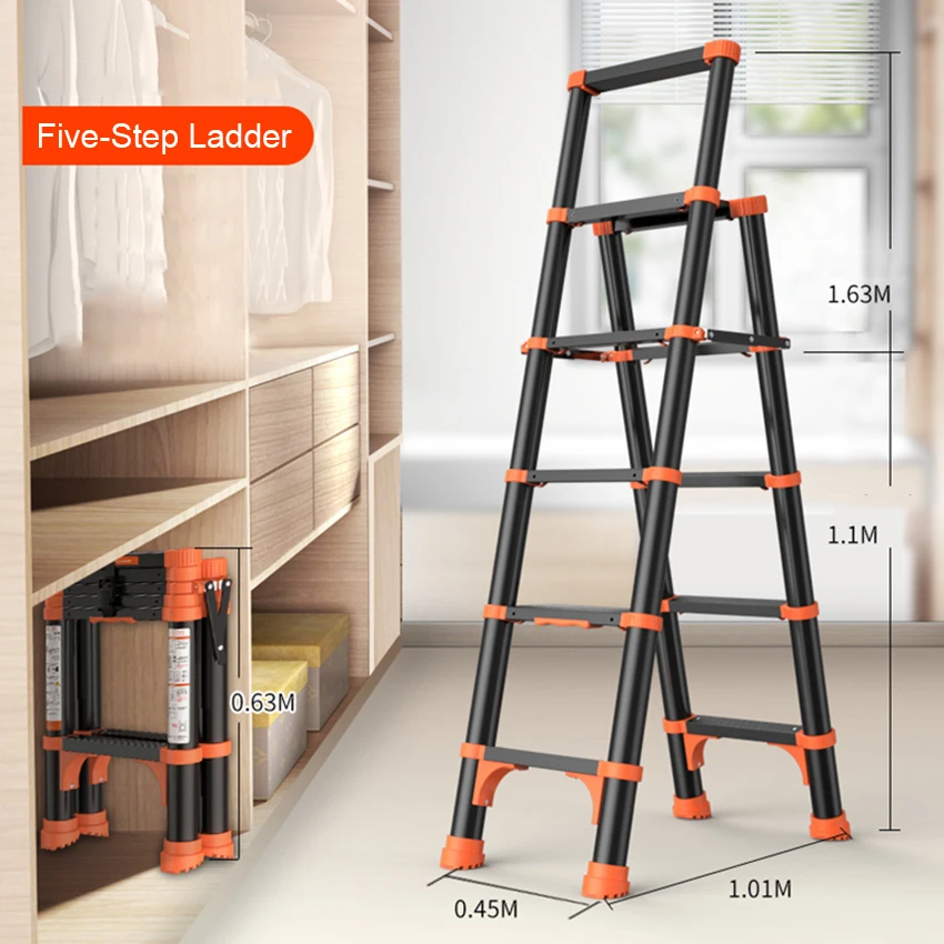 JST-2281 Household Telescopic Ladder Portable Lifting Folding Ladder Five-Step Ladder Aluminum Herringbone Ladder With Handrail