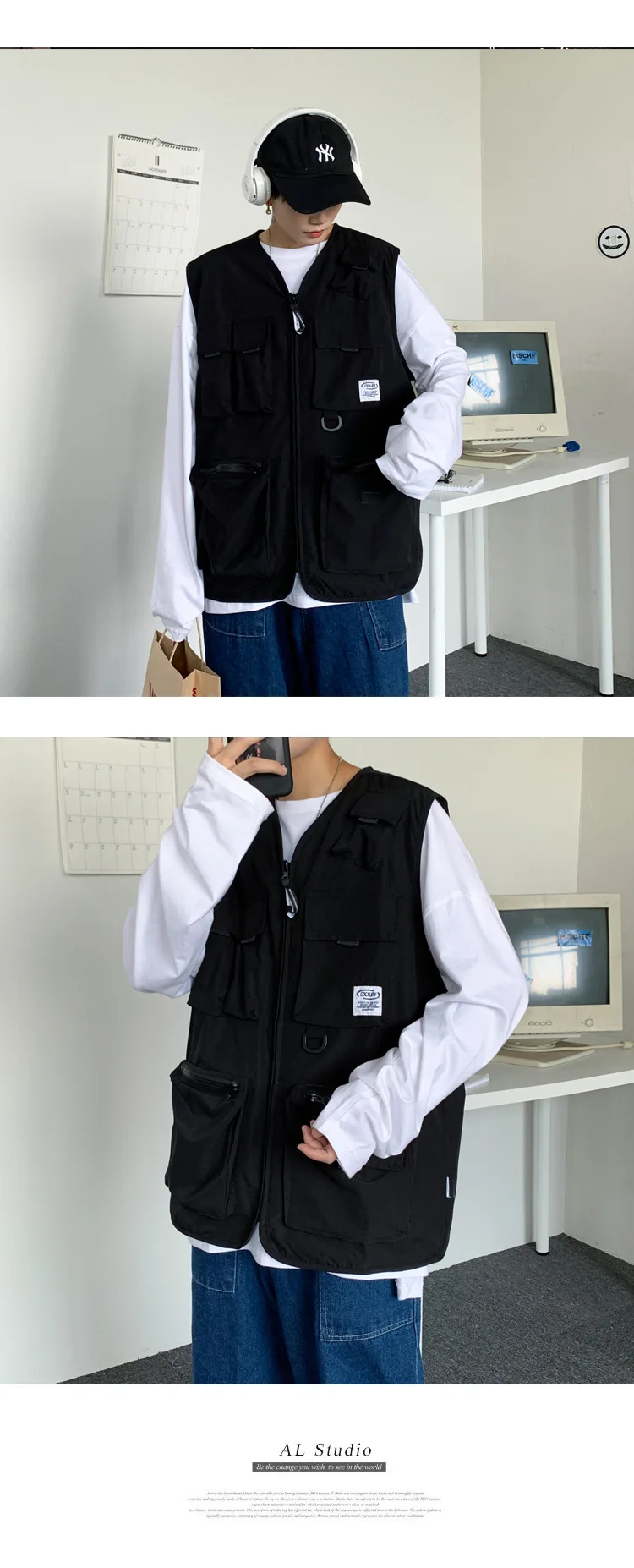 In spring and autumn, ins functional tactical vest men trend multi-pocket tooling sleeveless jacket coat vest