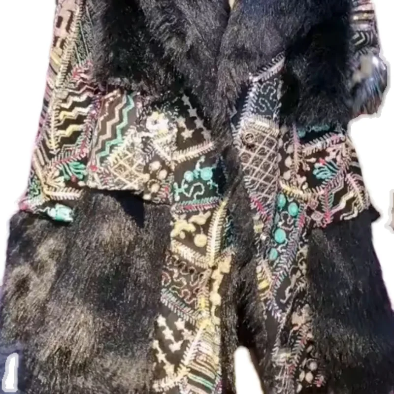 Heavy Embroidery Sequins Fur Coat Women Toka Wool Warm Casual Trend Long Sleeve Luxury Furry Fur Jacket Winter Overcoat Casacos