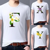 mens summer street trend t shirt flower color letter name print t shirt casual black top all match personality soft round neck