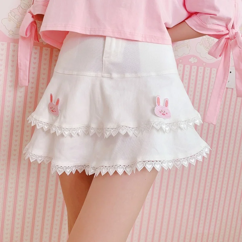 

Модные Универсальные белые юбки с высокой талией для женщин, Милая Мини-юбка с кроликом, летняя Милая Кружевная юбка выше колена Ins