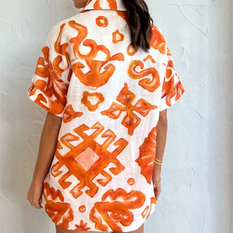 Летние женские повседневные оранжевые шорты с принтом модный воротник свободная