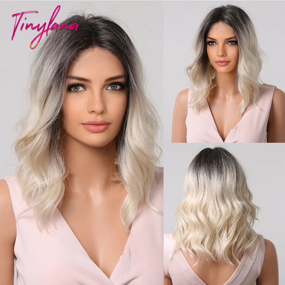 

Medium Black White Bob Wavy Synthetic Hair Wig Brown Ombre Platinum Shoulder Length Wigs for Women Natural Cosplay American Hair