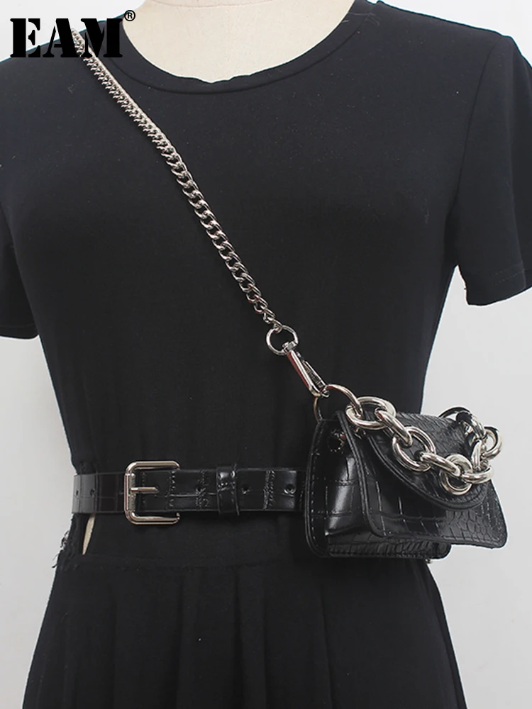

[EAM] Pu Leather Black Mini-bag Long Chain Wide Belt Personality Women New Fashion Tide All-match Spring Autumn 2023 1DE6248