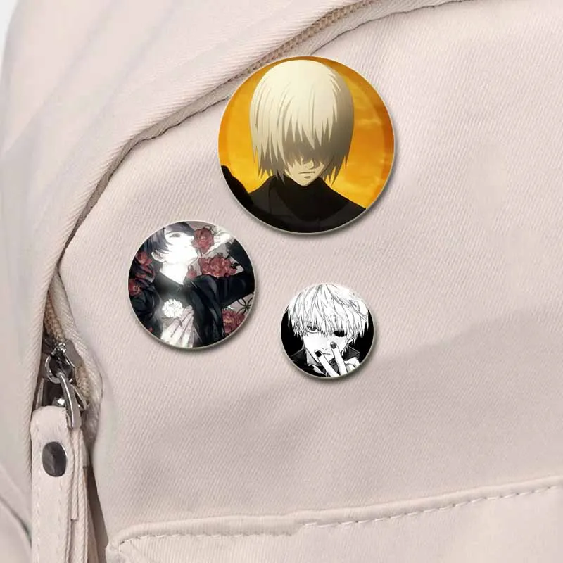 Фото Anime Figures Ken Kaneki/Touka Kirishima/Rize Kamishiro Badge Tinplate Pins Handmade Brooches for Backpack Clothes Decoration №5