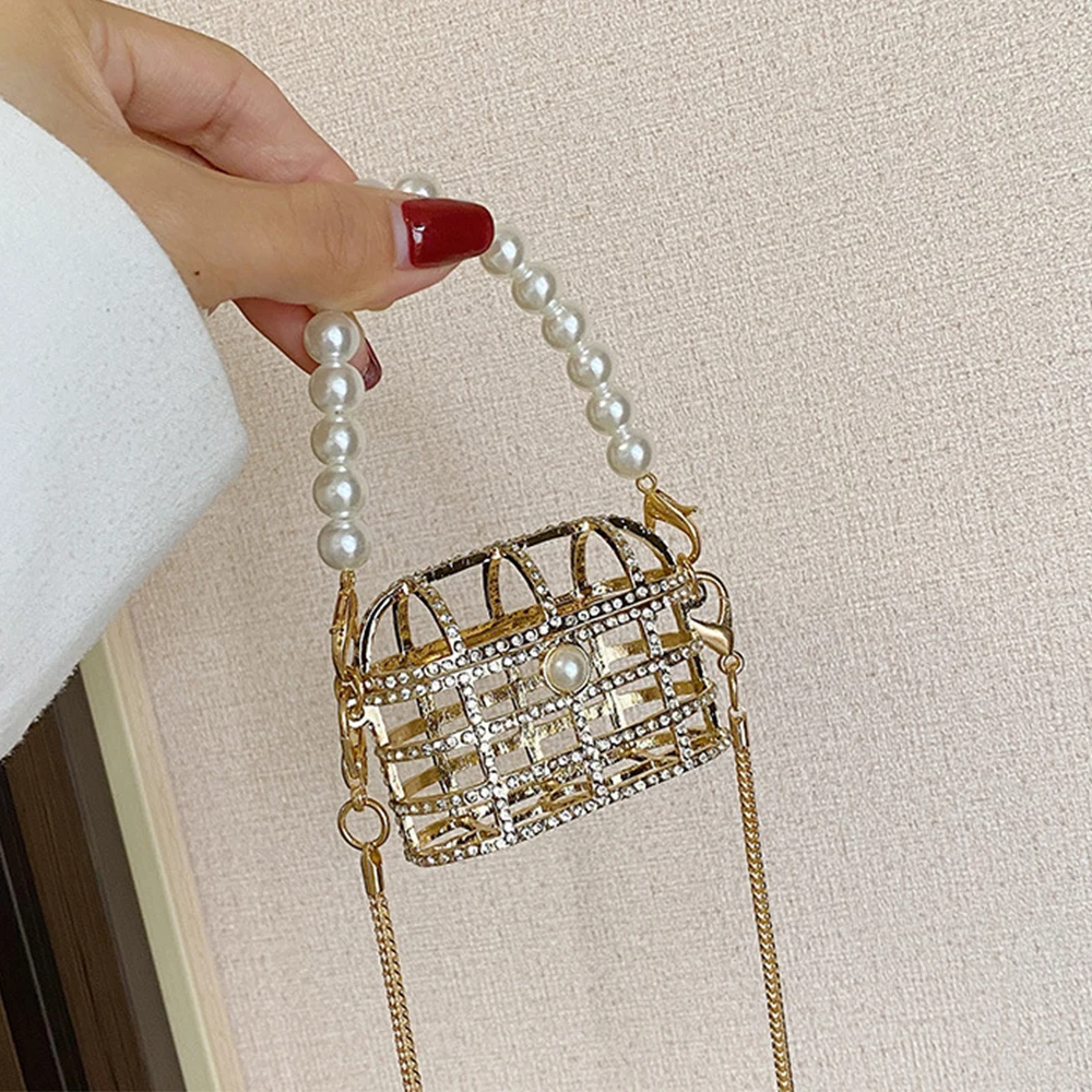 

2022 Mini Hollow Metallic Crossbody Bags for Women Luxury Pearls Diamonds Shoulder Bag Small Earphone Basket Sling Bags Handbags