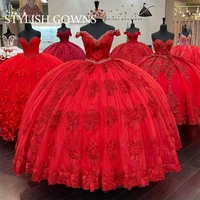 princess red off the shoulder quinceanera dresses handmade 3d flowers birthday party gowns beaded formal prom vestidos de 15 a%c3%b1o