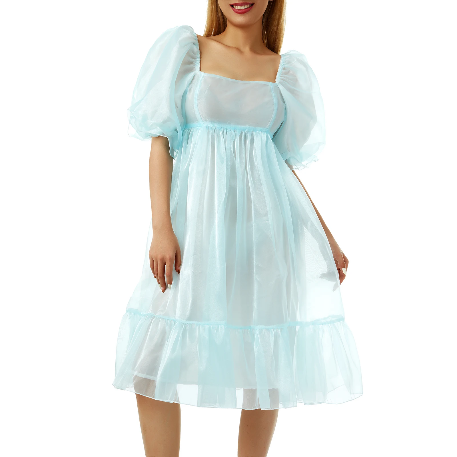 

Women Off Shoulder Mesh Dress Long Puff Sleeve V Neck Solid Pencil Short Dress Ruffle Tulle Flounce Dress for Wedding Clothing