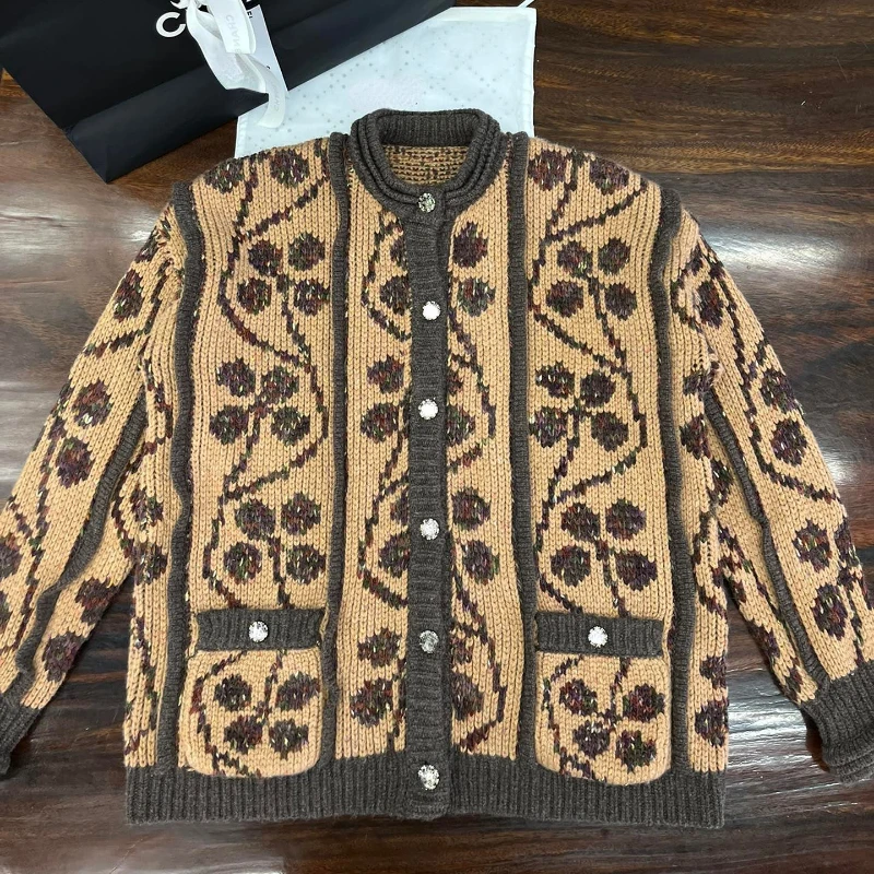 

Женский мягкий кашемировый кардиган, жаккардовый вязаный кардиган в ретро-стиле с оборками для ранней весны, 2023