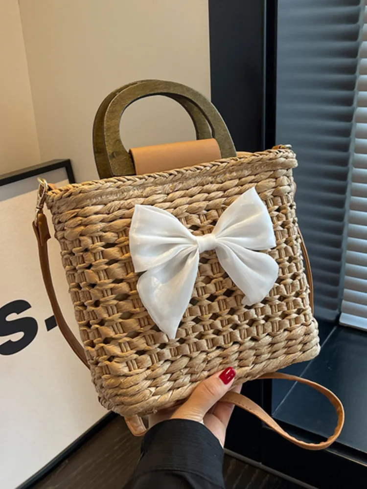 

Плетеная соломенная сумка-мешок для женщин, пляжные сумки ручной работы из ротанга, дорожные повседневные стильные сумки на плечо, лето 2023