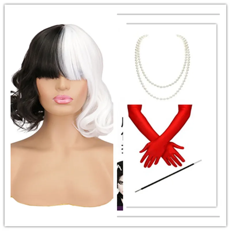 

New Movie Cruella Wigs Half Black Half Milk White Short Curly Hair Wavy Wig With Bangs Natural Hair Cruella de Vil Cosplay Halr