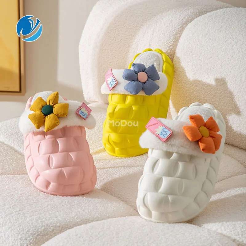 

Mo Dou 2022 Autumn Winter Women's Fresh Flowers Slippers Couple Home Detachable Waterproof Shoes Men's Warm Plush Lining Shoes