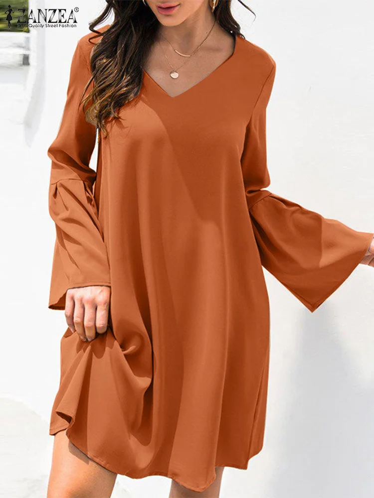 

Платье ZANZEA женское с V-образным вырезом, повседневное свободное винтажное короткое однотонное платье-мини с расклешенными рукавами, простое летнее праздничное, 2023