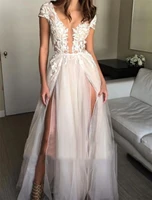 luxury gowns wedding dresses v neck floor length lace tulle short sleeve beach with split front vestidos de fiesta para bodas