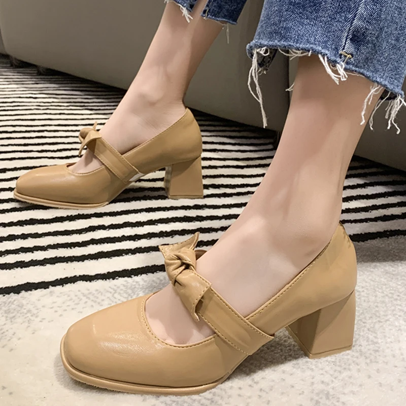 

Rimocy Elegant Square Toe Pumps Women 2022 Spring Fashion Bow Thick Heels Shoes Woman Beige Stretch Slip on Shallow Pumps Ladies