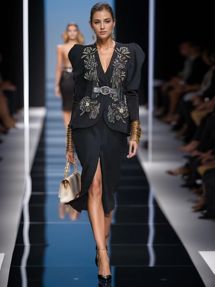 Женские комплекты весна-осень Модный женский офисный черный топ с вышивкой