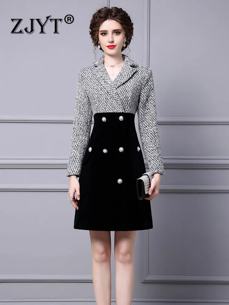 

ZJYT Fashion Runway Designer Winter Tweed Patchwork Dress Women Long Sleeve Vintage Office Work Wear Knee Length Party Vestidos