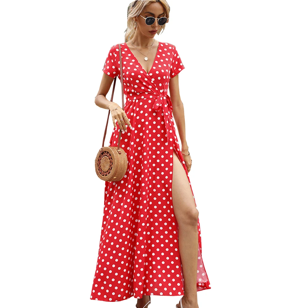

Summer Dress Women 2021 Fashion Casual V-Neck Lace Up Short Sleeve Polka Dot Split Fork Beach Party Long Dresses Robe Femme