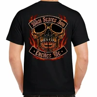 biker what scares you excites me flame skull motorcycle t shirt