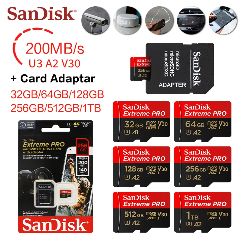 Фото Оригинальная карта SanDisk ExtremePRO microSDXC UHS-l с адаптером 64G 128G 256G 512G 1T U3 A2 V30 4K 32G A1 для планшета/монитора/ПК №1