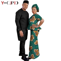african print dresses for women with headwrap match men outfits hat top and pants sets dashiki african couple clothes y22c015