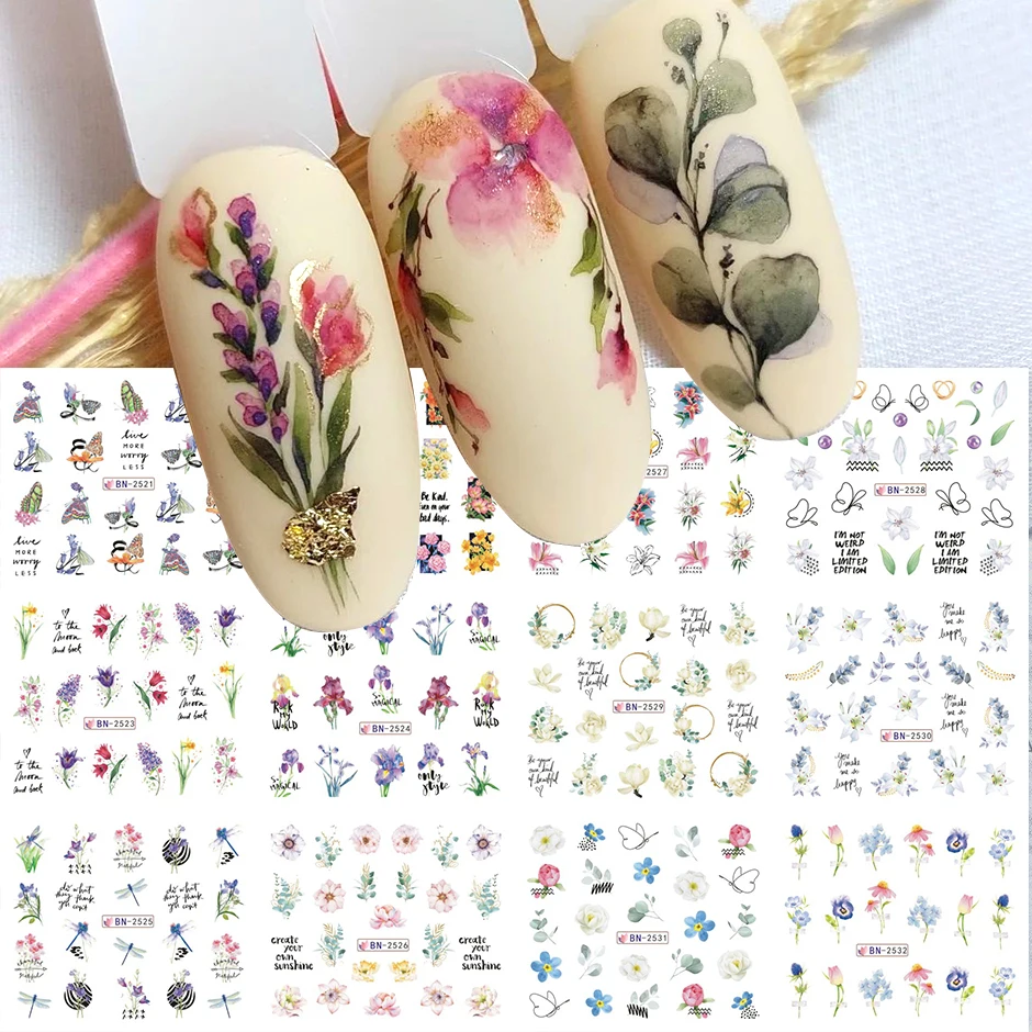 

Spring Watercolor Flowers Stickers For Nail Blooming Leaves Floral Transfer Sliders DIY Bouquet Design Manicure Foils Decal LYBN