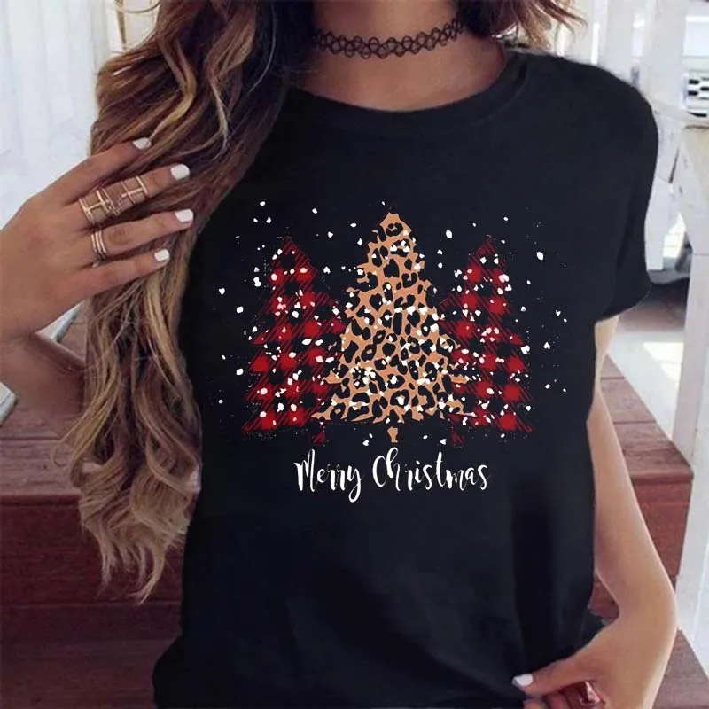 

Funny Leopard Christmas Tree Women T Shirt Fashion Casual Shirt Women Graphic Tees Kawaii Santa Claus Print T Shirt Women Tops