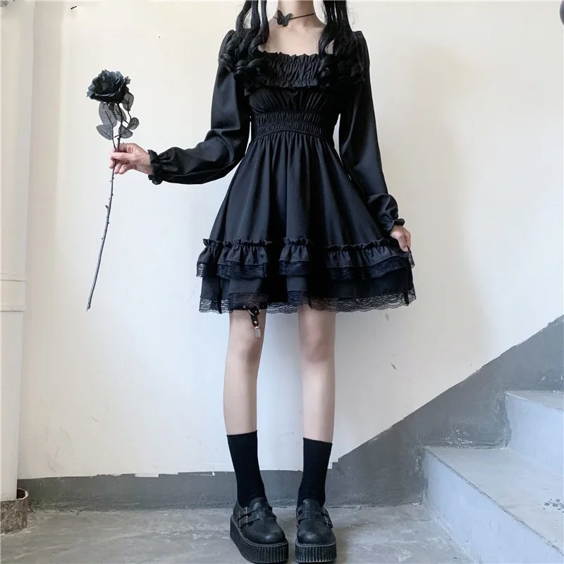 

Japanese Lolita Style Women Princess Black Mini Dress Slash Neck High Waist Gothic Dress Puff Sleeve Lace Ruffles Party Dresses