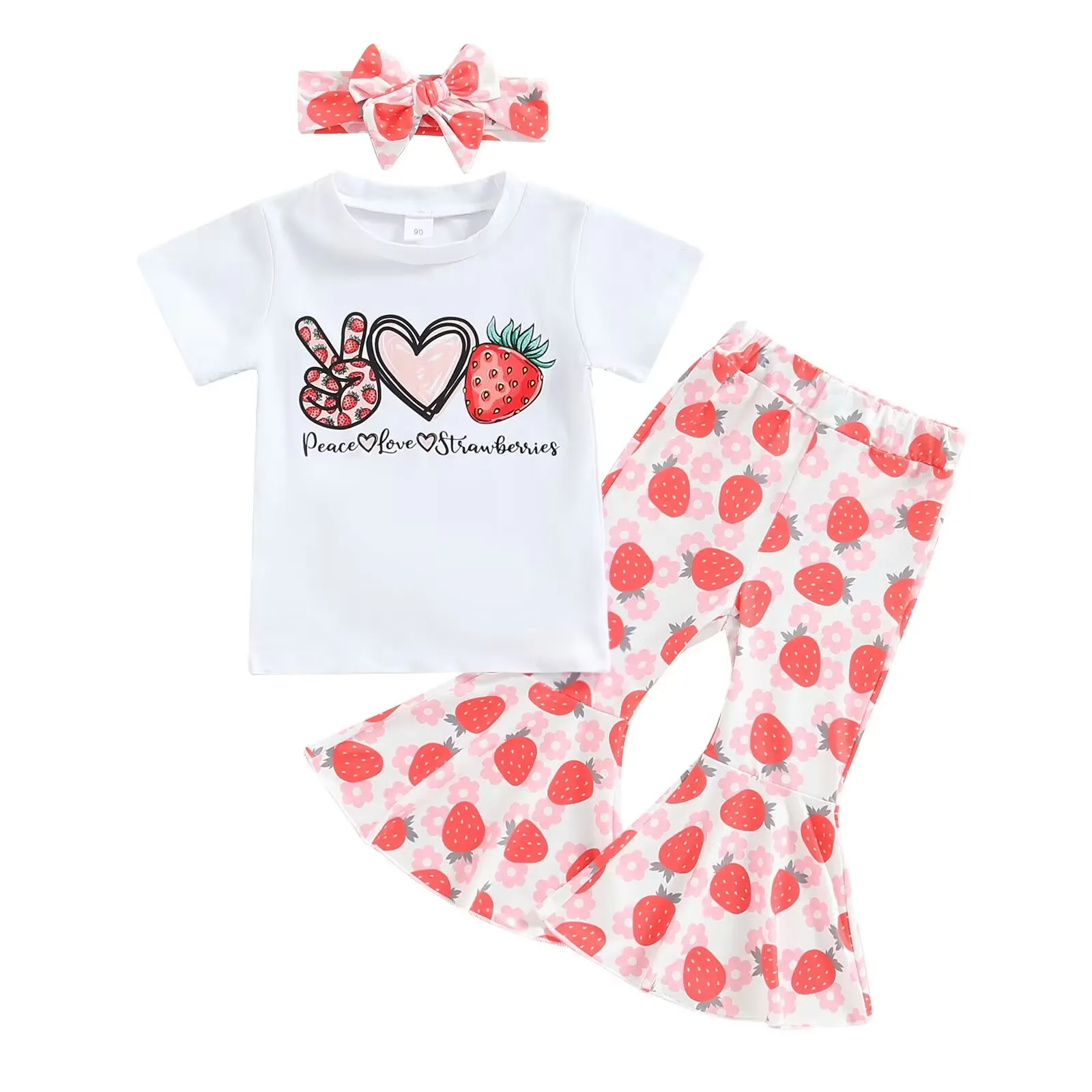 

Best selling fashion girl suit boutique short seleeve top+ fruit printing flare pants +headband 3 pcsToddler girl clothes