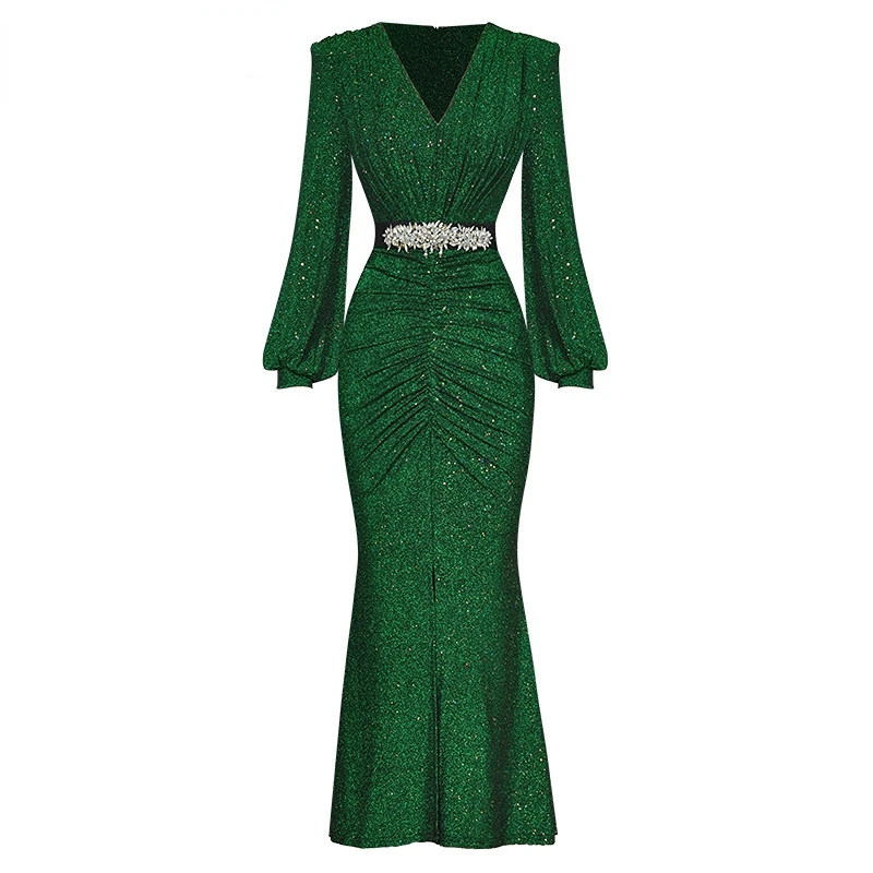 

Dresses For Women 2023 Runway Luxury Designer High Quality Summer V-Neck Lantern Long Sleeve Crystal Lace Package Buttocks Dress