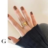 ghidbk minimalist double layer stainless steel ring for women ladies hollow wide glossy gold color ring trendy wholesale