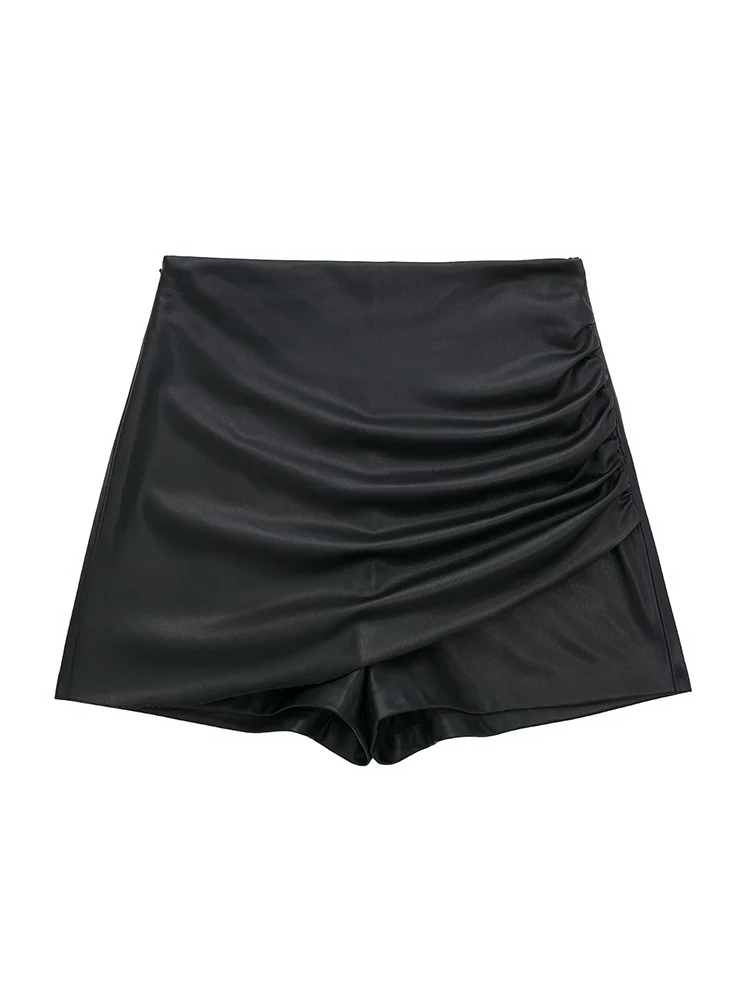 

YENKYE Fashion 2022 Women Vintage Black High Waist Draped Faux Leather Shorts