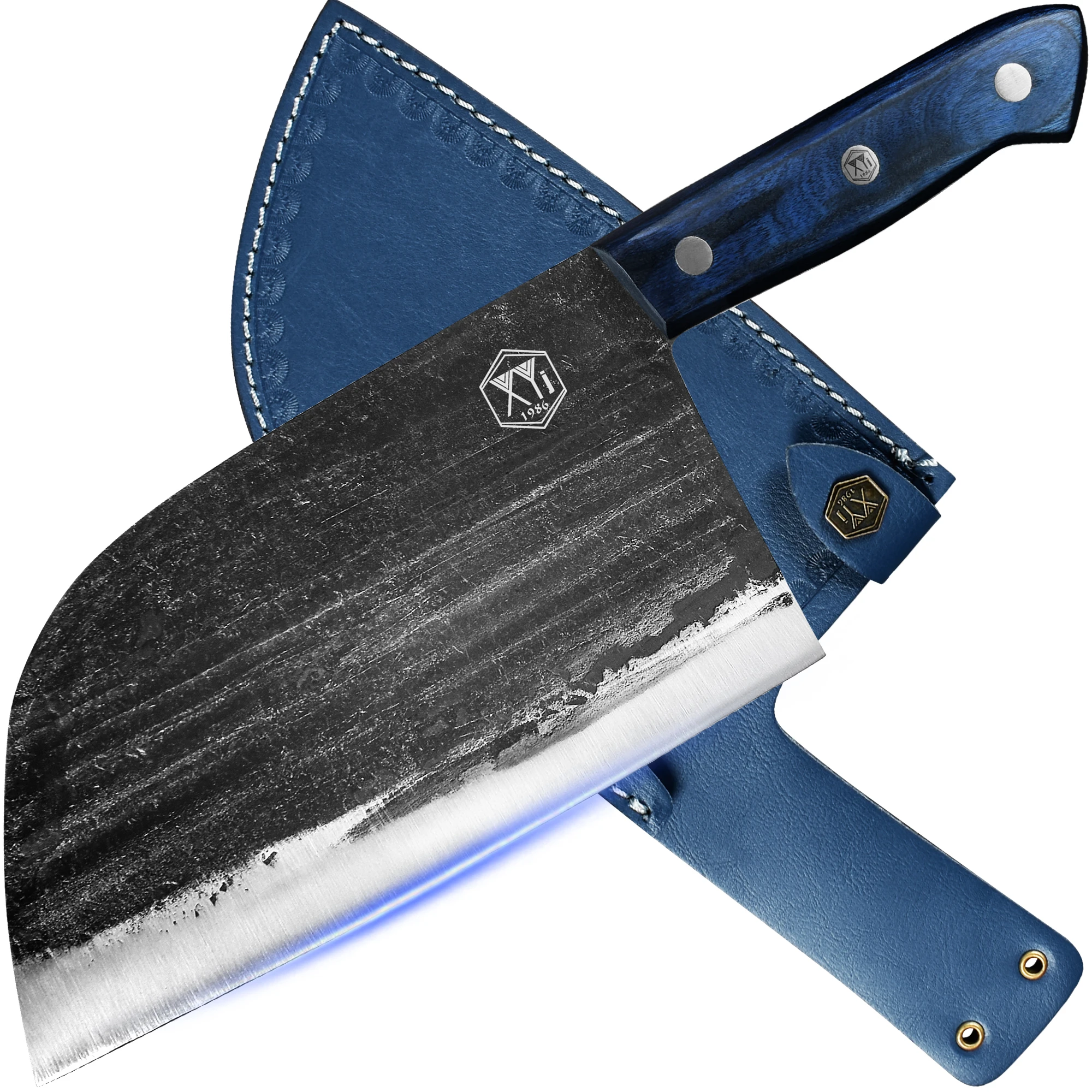 

XYJ 8 Inch Forged Big Butcher Cleaver High Carbon Steel Stonewashed Blade Full Tang Wood Handel Portable Camping Leather Sheath