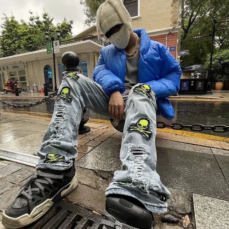 Джинсы мужские и женские прямые в американском стиле облегающие брюки с вышивкой