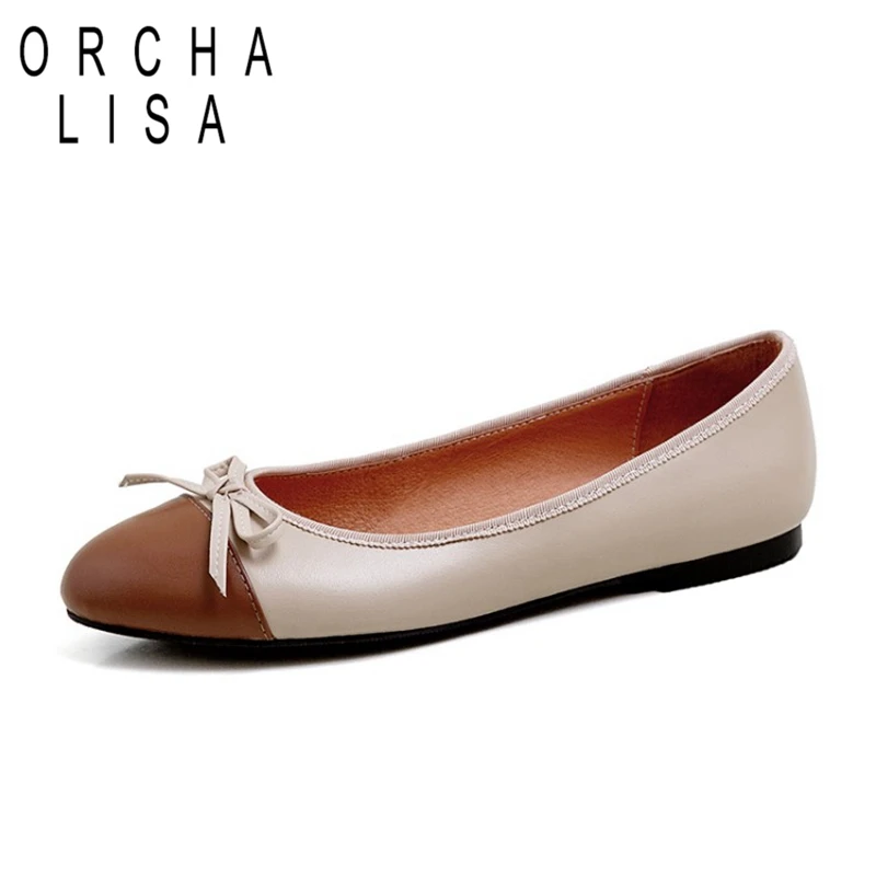 

ORCHALISA Brand Designer WomenGenuine Leather shoes Ladies Flats Sweet Bowtie Round Toe Women Sip On Wedding Casual Big Size