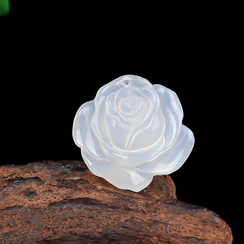

Natural White Jade Rose Flower Pendant Necklace Chinese Chalcedony Hand-Carved Fashion Charm Jewelry Amulet Gifts for Women Men