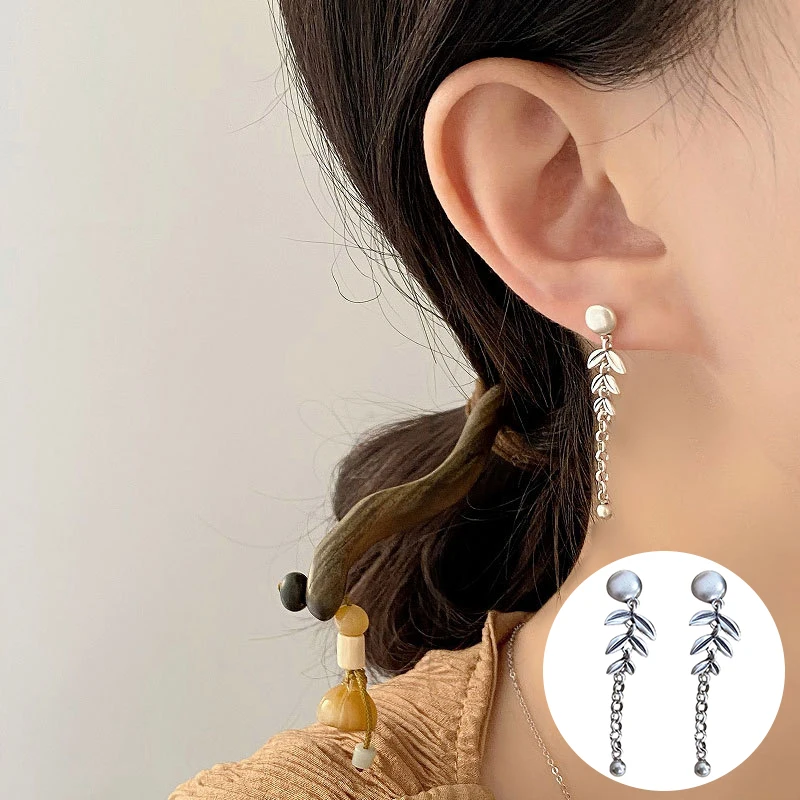 

100% 925 Sterling Silver Geometric Earring for Women Girl Vintage Willow Leaf Tassel Design Jewelry Party Gift Dropshipping