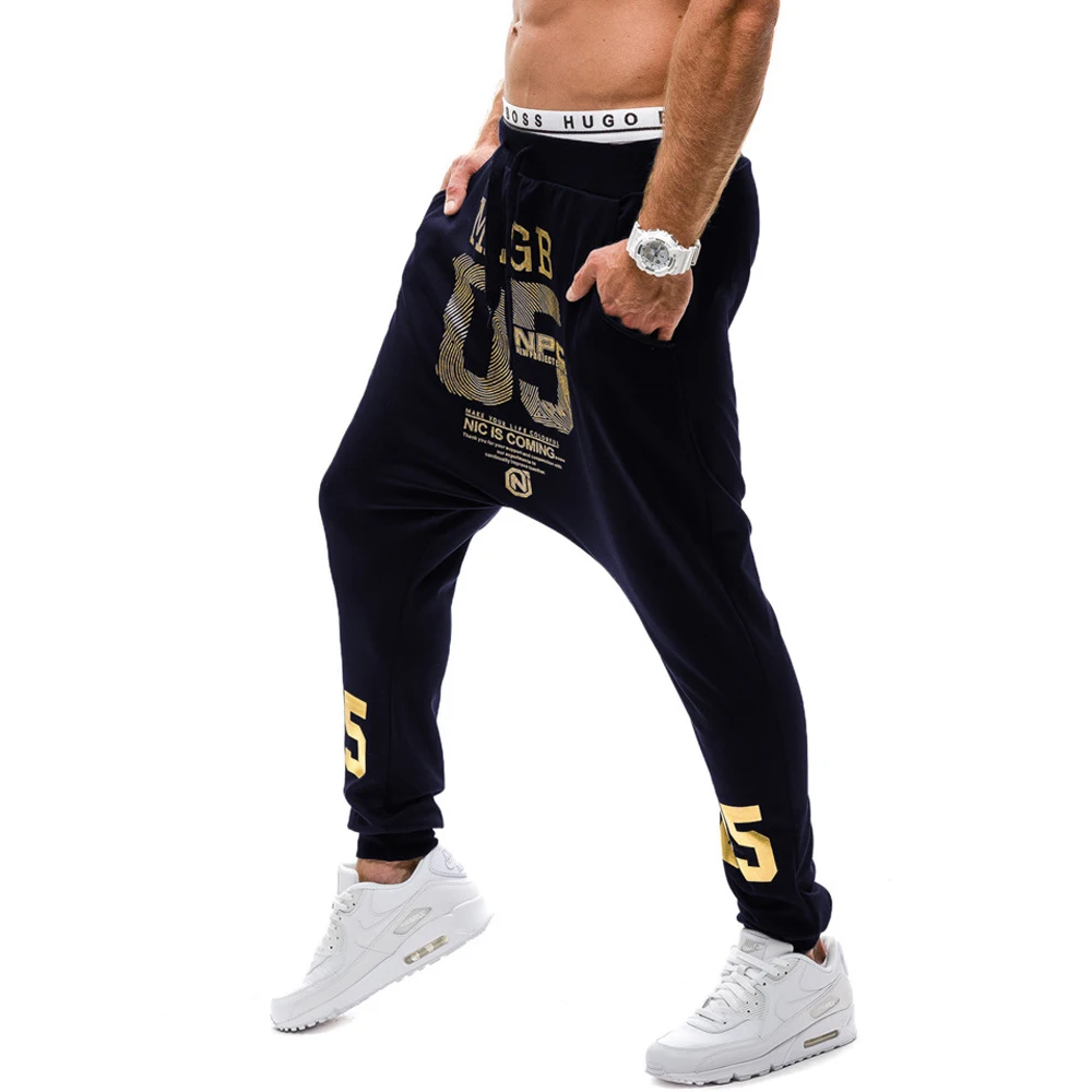 NEW 2022 Spring Autumn Casual Low Crotch Hip Hop Beam Foot Leg Pants Streetwear Street Dance Gold Number Printed Trousers Men