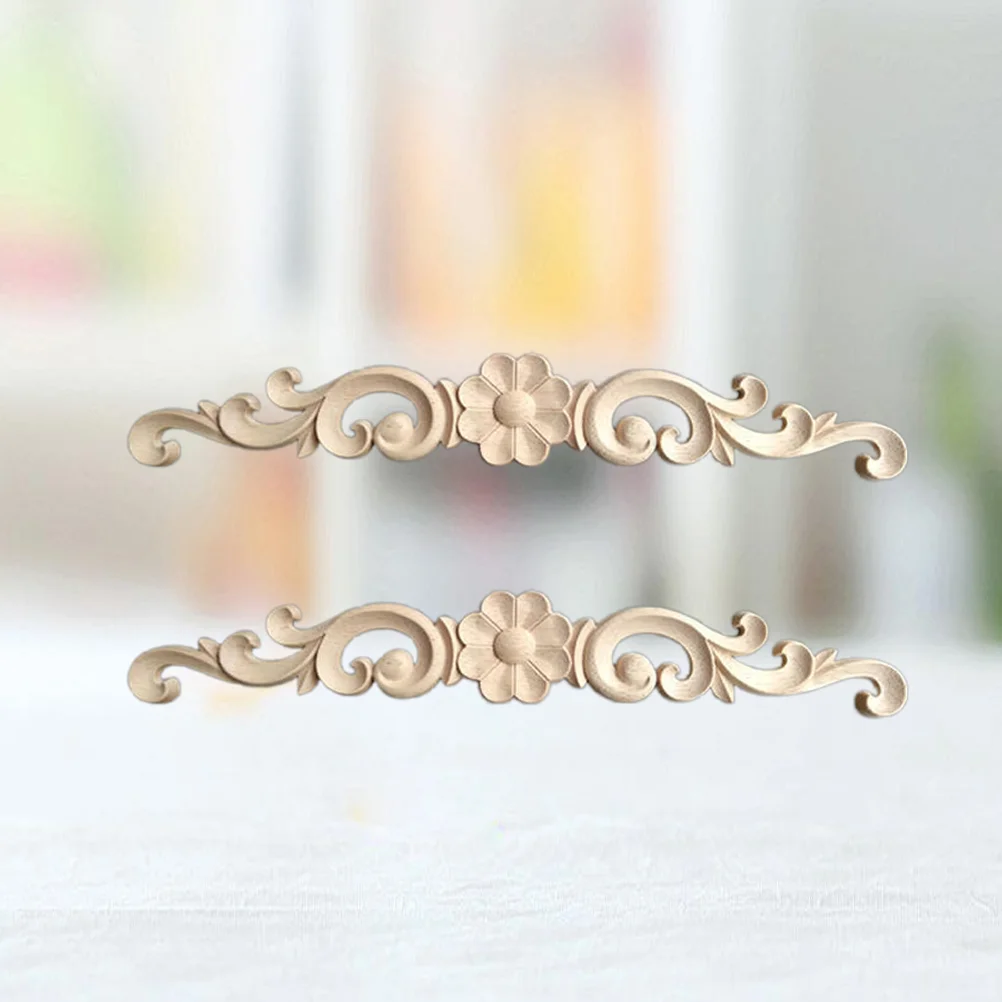 

2 Pcs Flower Applique Woodsy Decor Unpainted Door Applique Wood Trim Corner Furniture Wooden Onlay Decorations