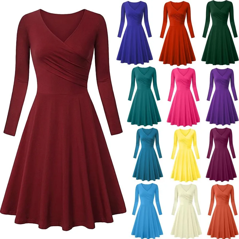

Autumn Winter Long Sleeve Dresses For Women Casual Female V-Neck Solid Vintage Office Lady Slim Work Dresses Elegant Party Dress