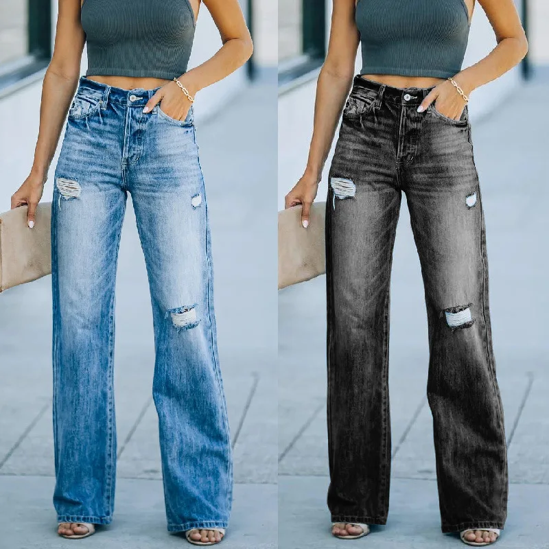 

Jeans Women Autumn Leisure Wide-Leg Pants Mid-Waist Washed Ripped Denim Trousers Women