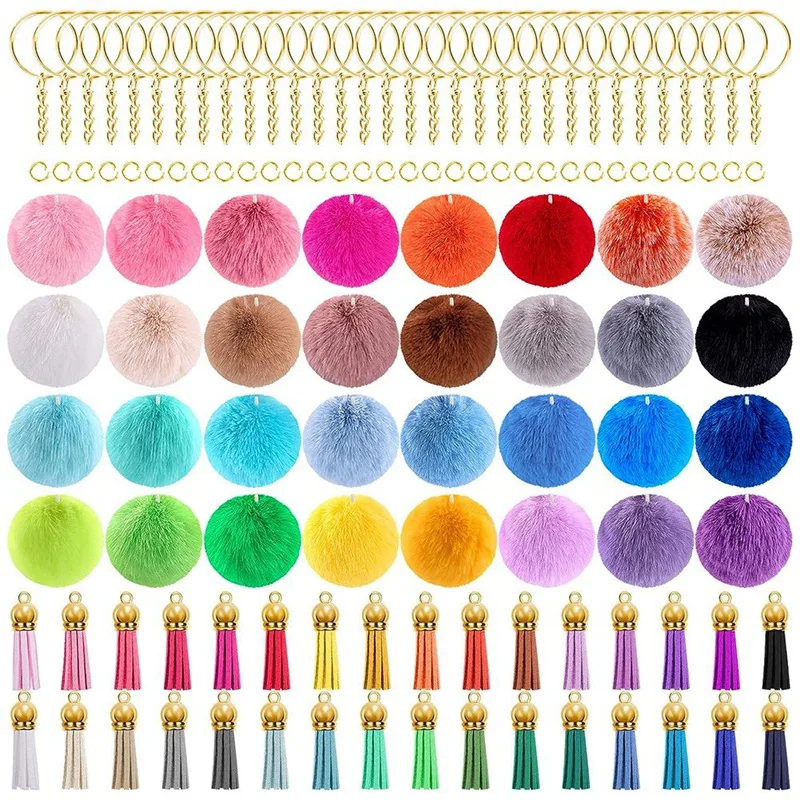 

160 PCS Keychain Pom Pom Tassel Kit Faux Fur Pom Pom Gold Key Ring For DIY Projects, Random Color