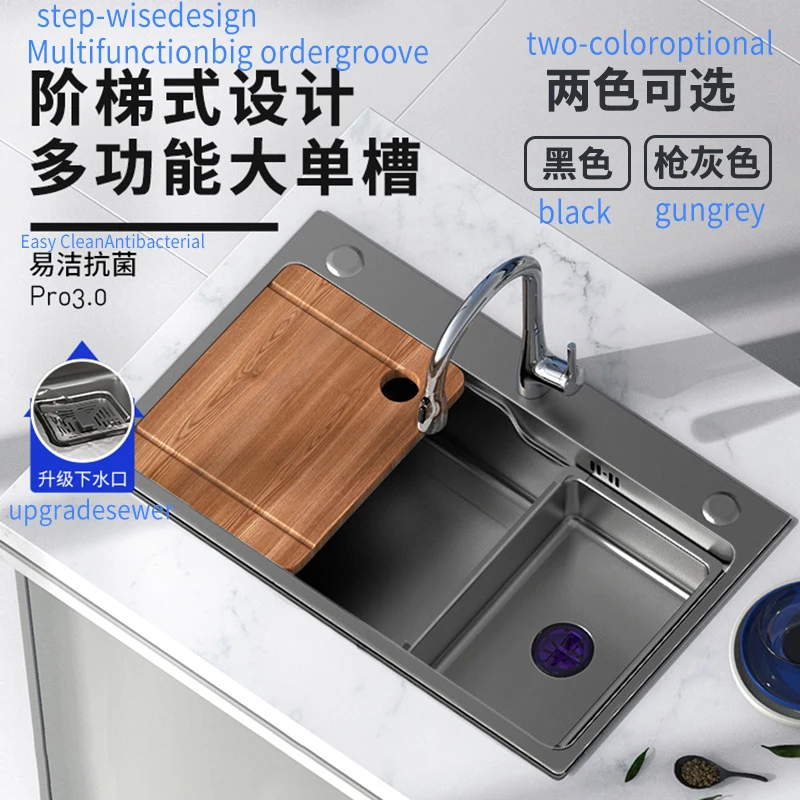 BINGLIN большая кухонная раковина свекрови с одним отверстием серый умывальник из