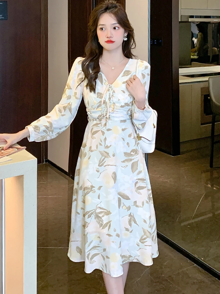 

2023 White Floral Chiffon Sexy Party Midi Dress Women Fashion Casual Beach Dress Spring Autumn Korean Elegant Bodycon Prom Dress