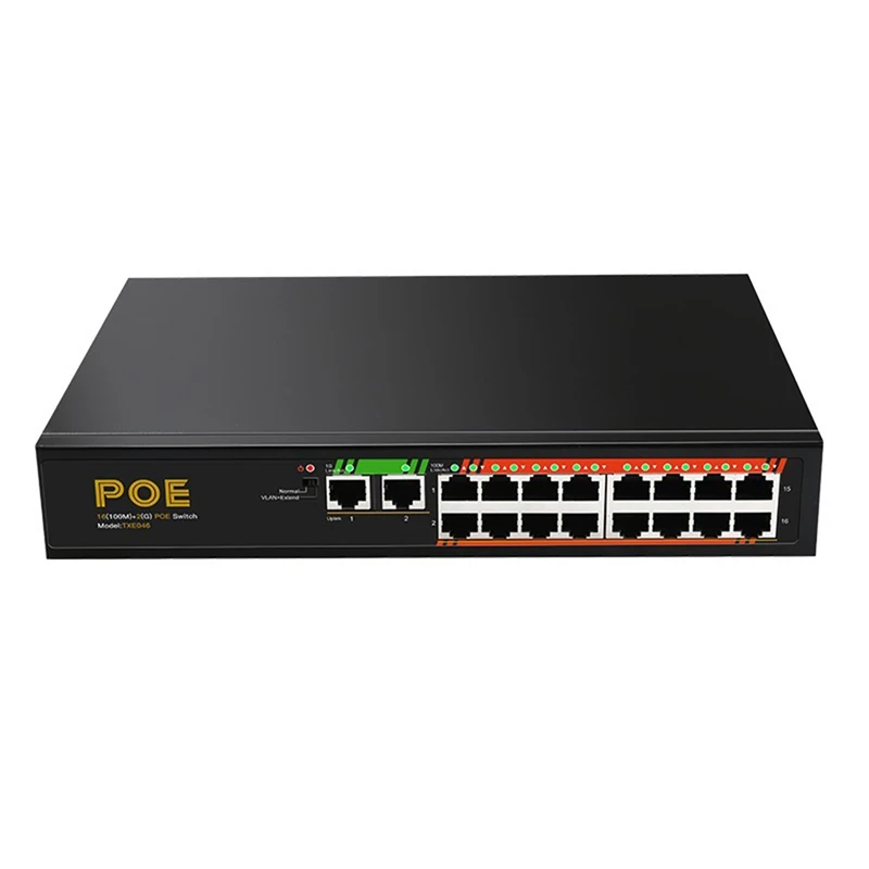 16 Port 100M+2 Port Gigabit POE Switch Network Switch LAN Switching HUB Adapter Unmanaged Switch US Plug