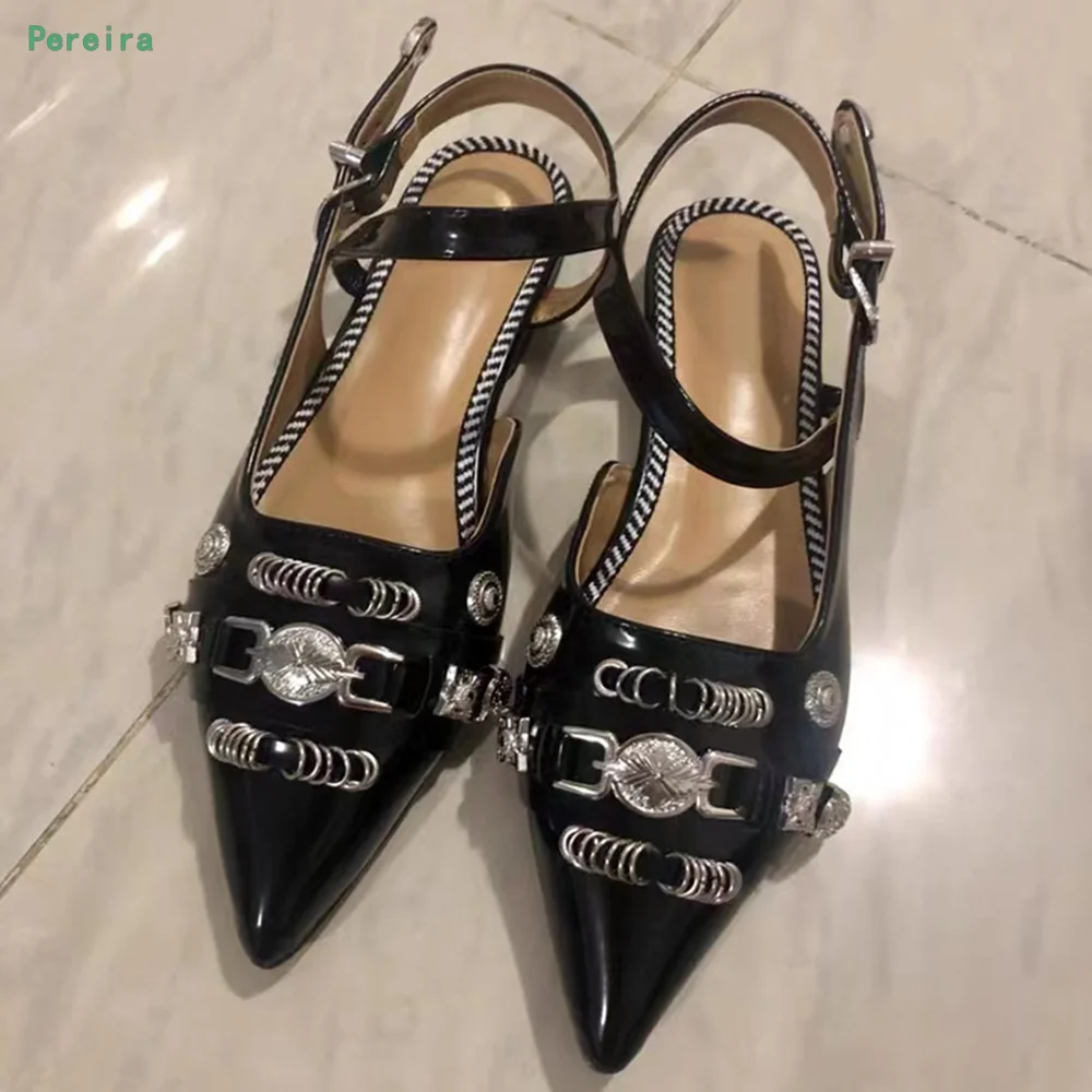 Black Rivet Metal Buckle Pumps New Arrival 2022 Summer Solid Flat Heel Pointed Toe Hollow Fashion Punk Style Shoes for Women