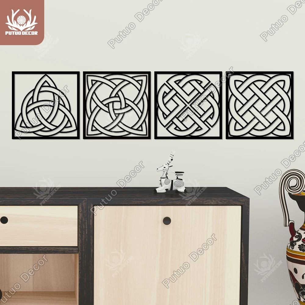

Putuo Decor Wooden Wall Art Celtic Knot Line Art Wall Decor Set of 4 Nature Symbols Sculpture Hanging Sign for Bedroom Decor