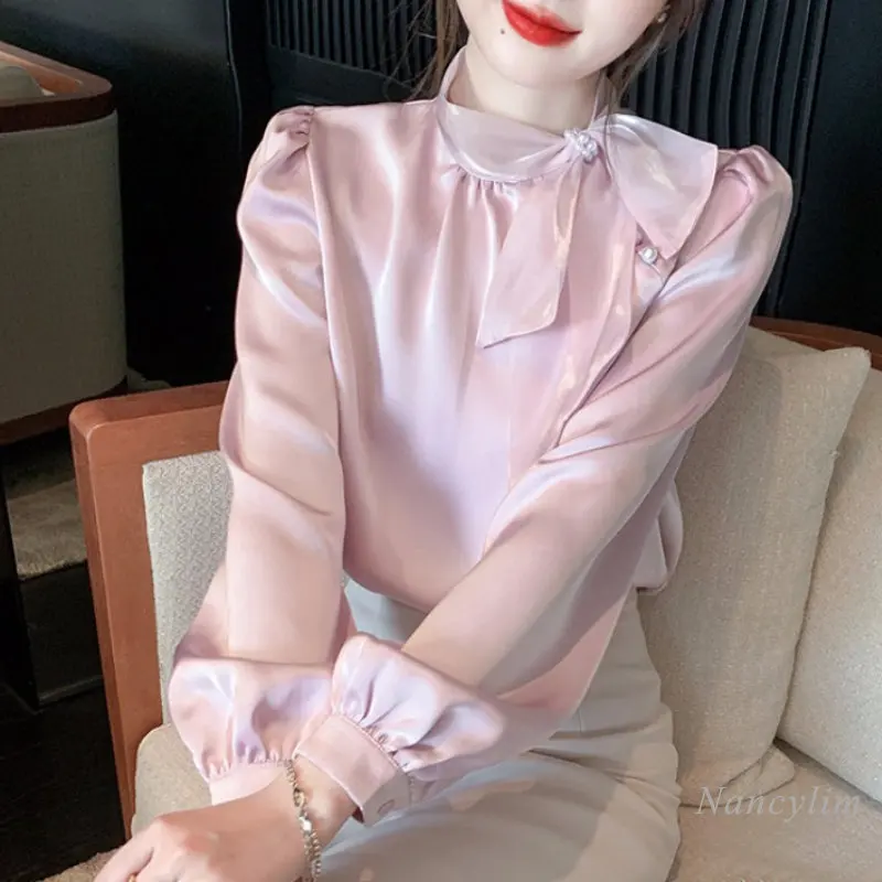 

Satin Shirt Women 2023 Spring New Beautiful Bow Tie Stand Collar Long-Sleeved Blouses and Tops Solid Color Blusas Para Mujer