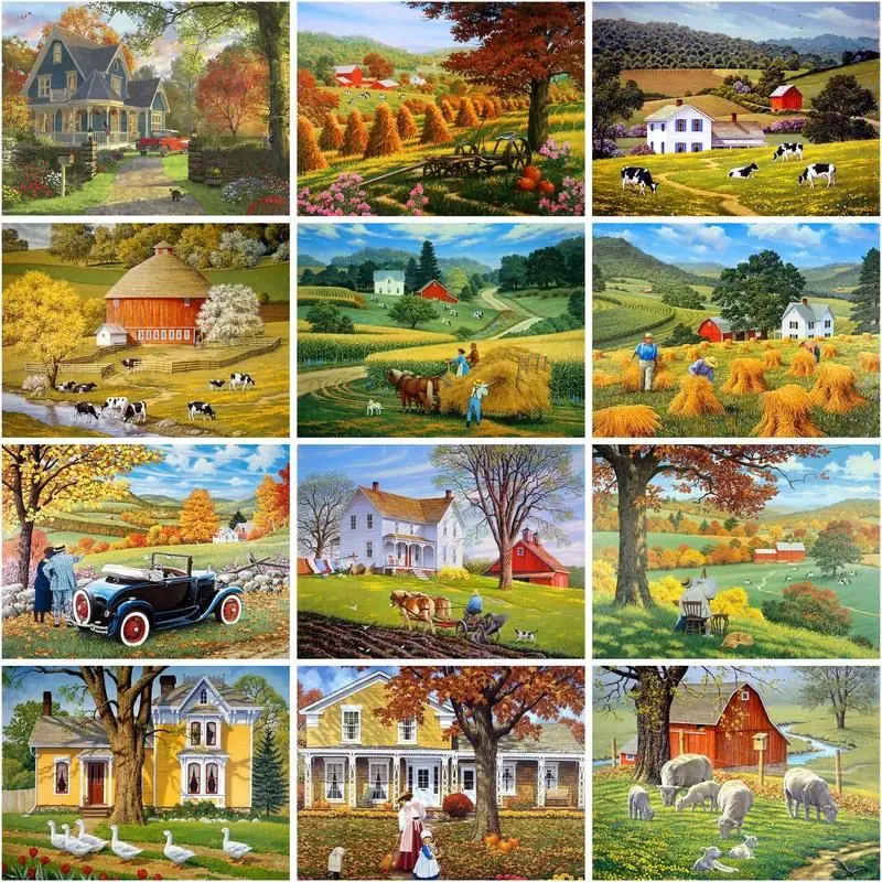 

Картина по номерам GATYZTORY, пейзаж сельского дома, рисунок на холсте «сделай сам», Осенний пейзаж, картины по номерам, наборы художественных ра...
